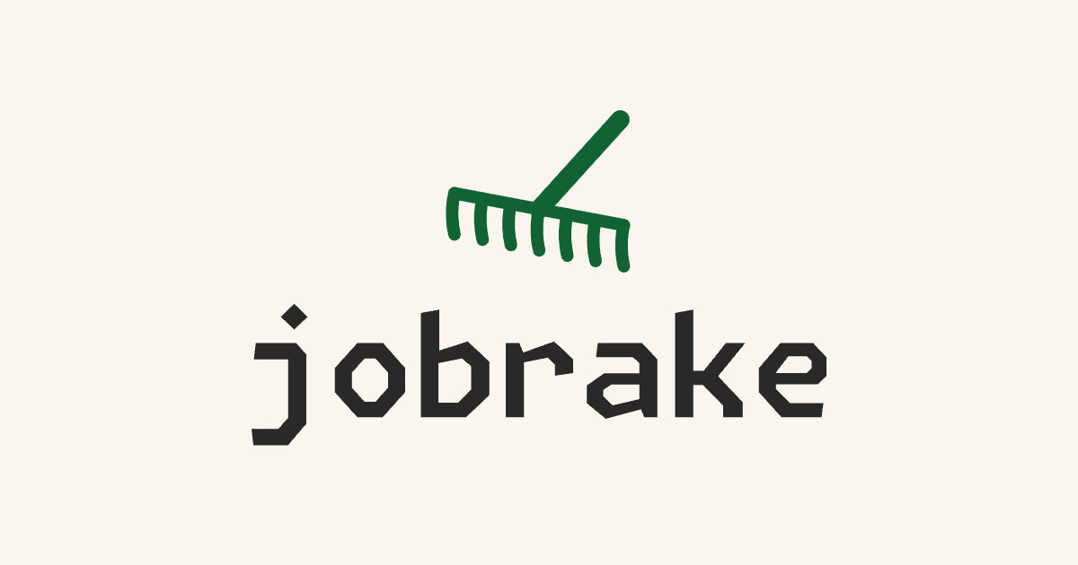 A green rake above the jobrake wordmark on a warm ivory background.